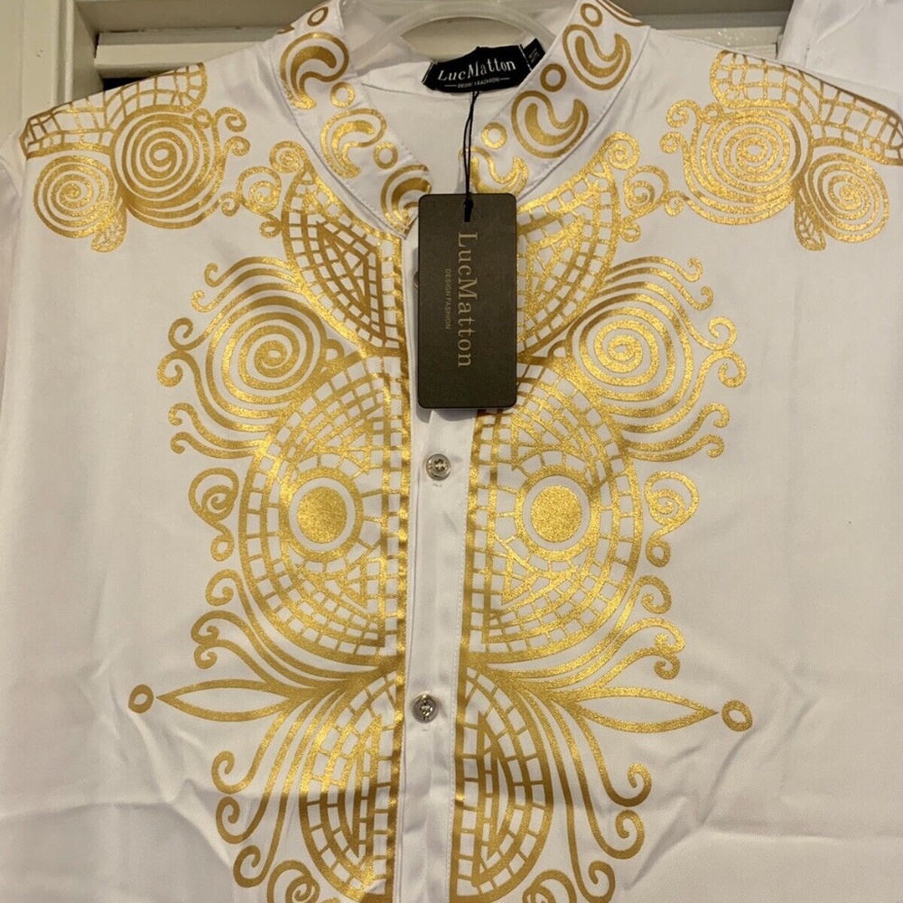 LucMatton Men's African 2 Piece Set Long Sleeve Gold Print Dashiki and Pants Luc